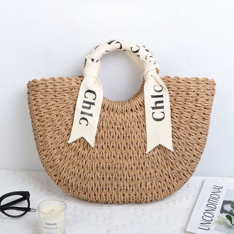 Luxury Beach Bags Ysl - Bolso Tote Semicircular de Paja Tejido